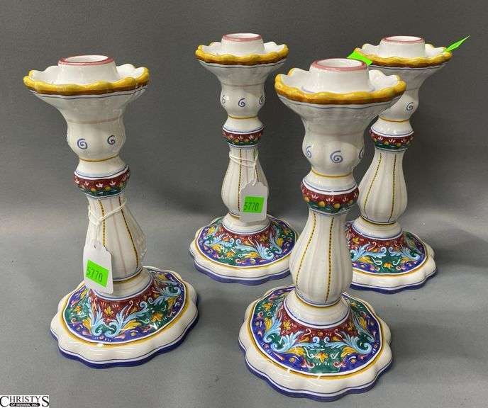 4 Deruta Italy Hand Painted Candle Sticks 8.5" image