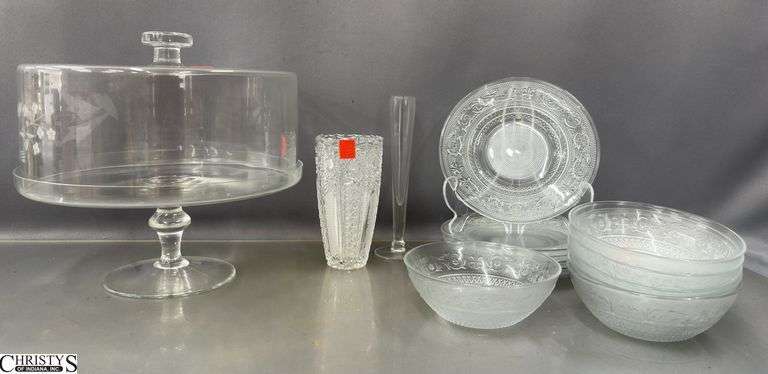 Cake Stand and Dome, Clear Pressed Glass Serving Plates and Bowls, Vases, Tallest 10"x9" Stand image