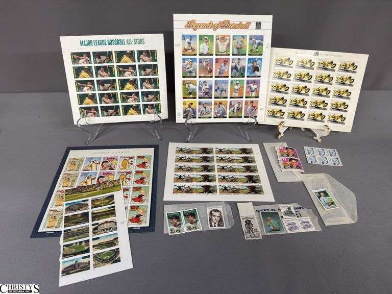 Collectible Stamps.  Includes Major League Baseball All-Stars, Negro Leagues Baseball, Indianapolis 500 Legends of Baseball, Sunday Funnies, Baseballs Legendary Playing Field, Knute Rockne 22 Cent Stamp, Lou Gehrig Cent Stamp and a Few Others image