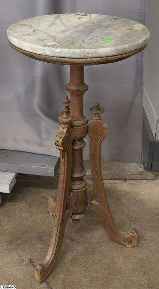 Victorian Style Marble Top Pedestal Table - 15" x 29" - table shows wear, finish loss image