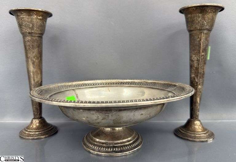 3 Weighted Sterling Vases and Bowl - 8.5" of bowl image