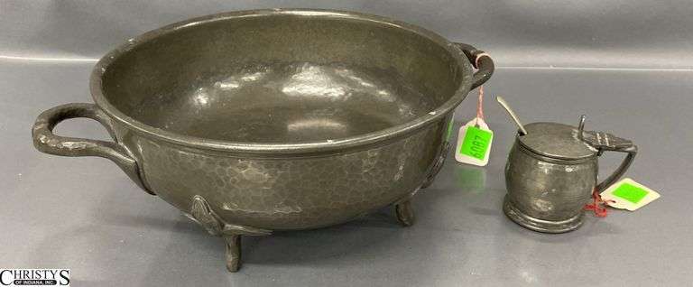 2pcs Footed Pewter Bowl, and Mustard With Cobalt Glass Insert and Spoon, Largest 10"x3" image