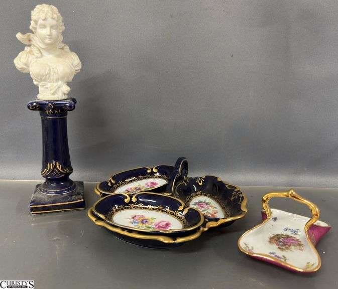 Limoges Trinket Dish, Jlmenau Germany Cobalt Blue Divided Dish, 2 Extra Trays, Numbered Bust on Column Tallest 9" image