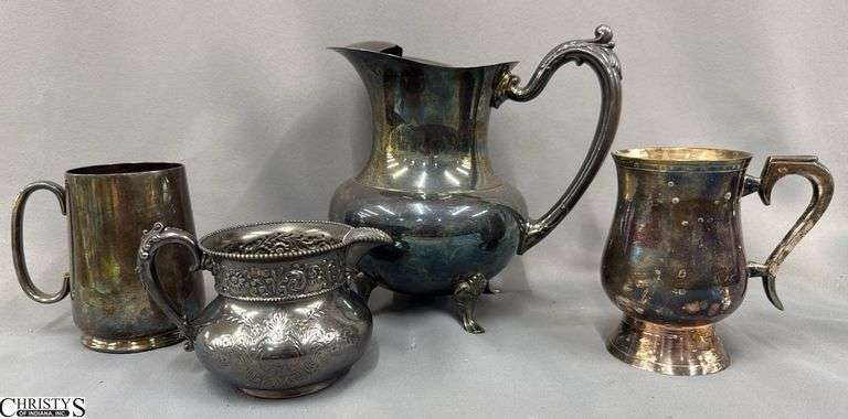 4pcs Plated Water Pitcher, Cups, and Creamer Pitcher Tallest With Ice Lip 8.5" image