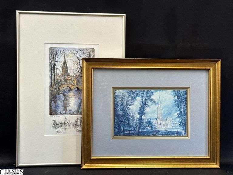 2pcs Framed Cathedral Prints - "Bruges in October" Michael Bond 8/30 & "Salisbury Cathedral" Constable, Largest 18"x14" image