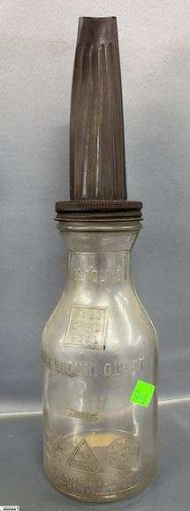4pcs 2 Glass Motor Oil Bottles With Metal Spouts, Tallest 15"