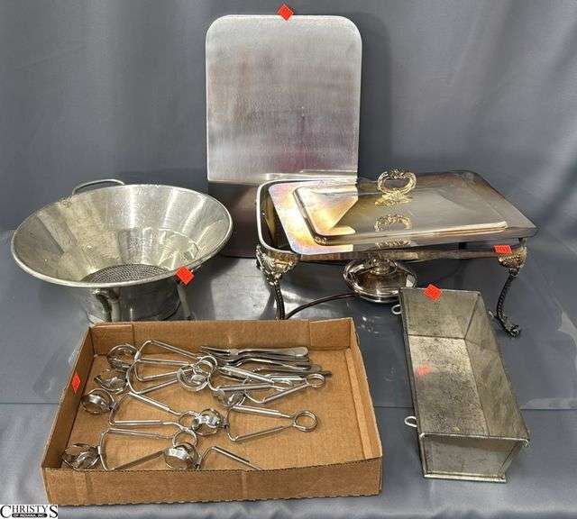 Silver Plated Warmer, Escargot Tongs, Forks, Pewter Tray, Other Prep Items image