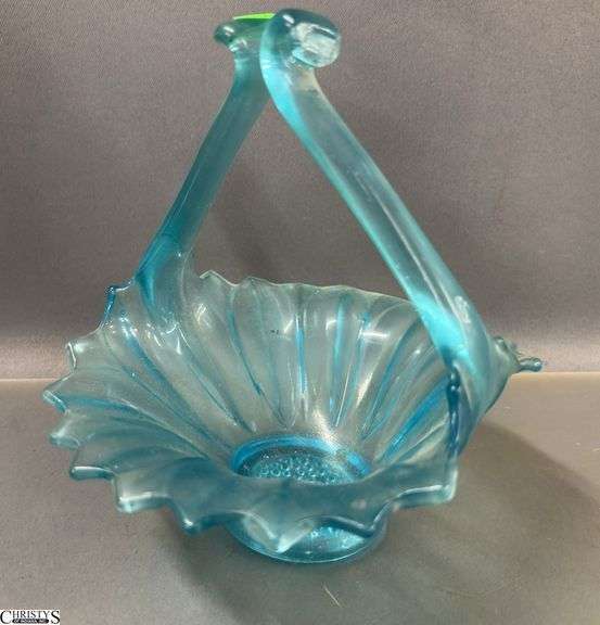 6 Vintage Colored Glass Baskets, Green Hobnail, Satin, Blue, Onyx Largest 8"x9"
