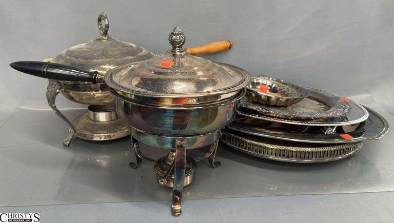 Assorted Silverplate Chafing Warmers and Trays - 19" of largest tray image