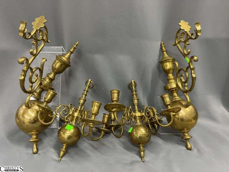 Wall Hanging Brass Sconces, One Has Damage 11" Deep 16" Tall image