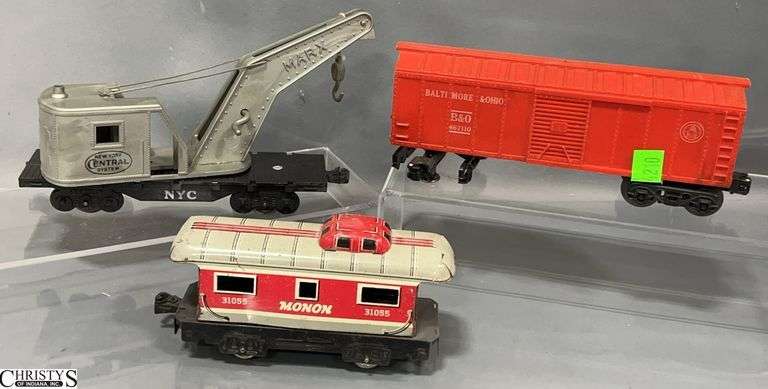 3 Marx Train Cars, Caboose 31055, NYC Crane, Baltimore & Ohio Boxcar image