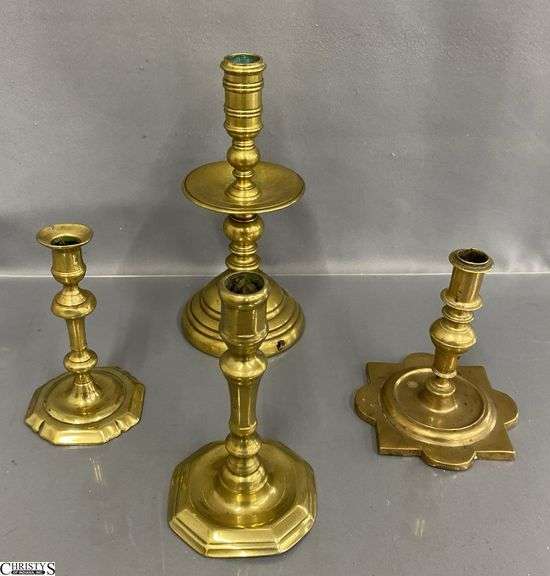 4 Single Brass Candle Holders, Tallest Has Drip Catch 10.5" image