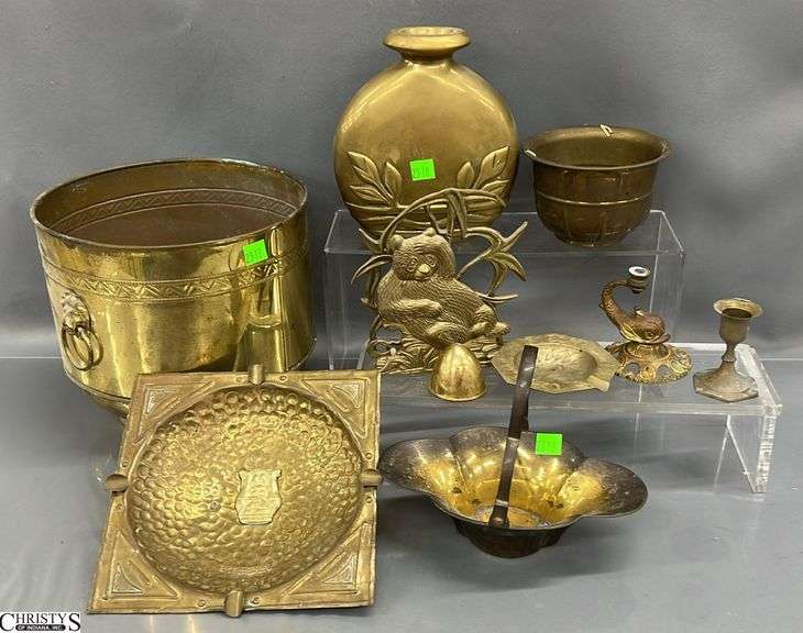 Brass Planter, Vase, Letter Holder, Basket, Ashtray, Misc - 9" x 8" of largest image