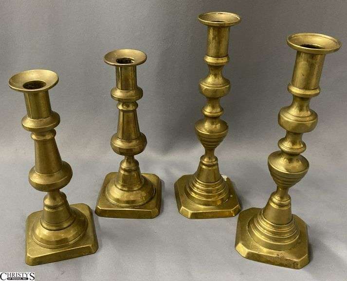 4pcs, 2 Pair Brass Candle Sticks Beehive and Push Up Style, Tallest 9.75" image