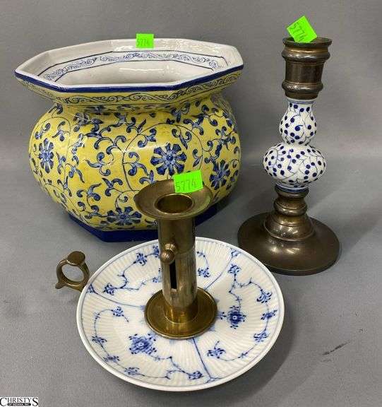 3pcs Asian Bowl, 2 Brass and Ceramic Candle Holders One Marked Royal Copenhagen image