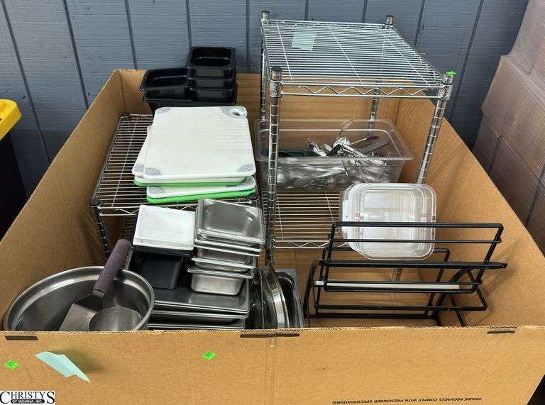 Pallet of Kitchen Goods Cutting Boards, Utensils, Insert Pans, Chrome Racks, Serving Dishes, image