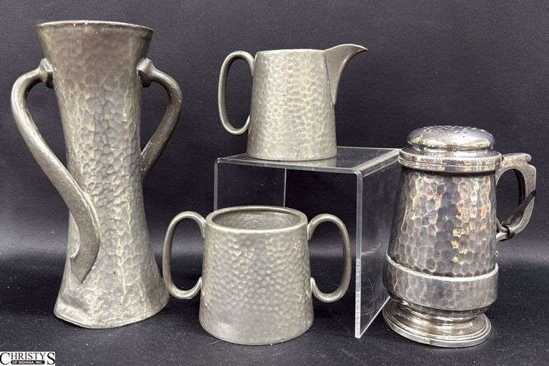 Hammered Finish English Pewter Cream and Sugar, Meriden Shaker, and Twist Vase Tallest 7.25" image
