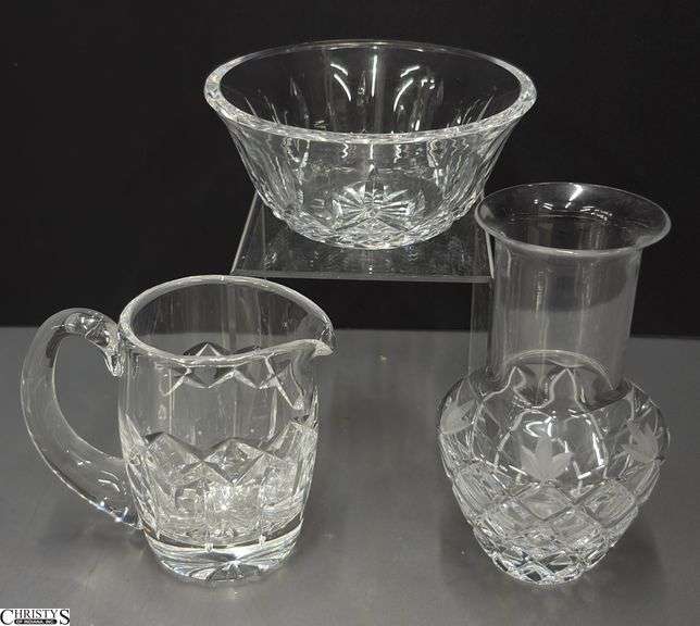 Waterford Crystal Bowl and Creamer, Unmarked Crystal Foliate Etched Vase - 5.5" of vase image