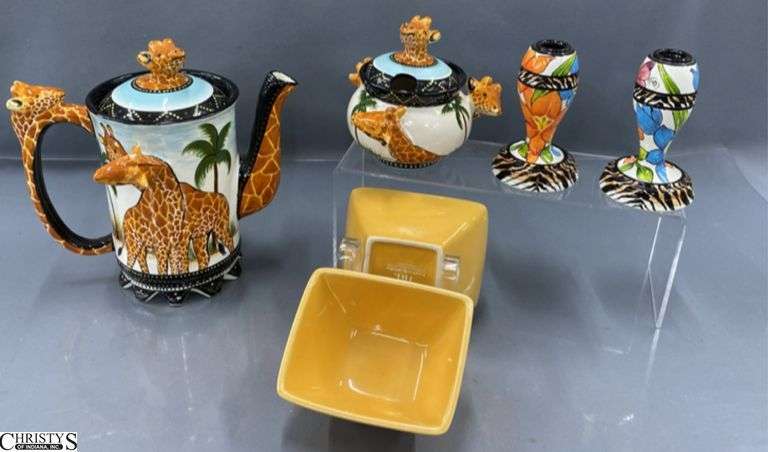 Hand Painted Pottery Marked Africa, Some Chips, Giraffe Motif Pitcher 9" and Bowl, Candle Holders, Dishes image