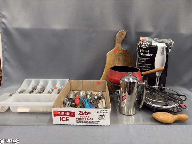 GE Hand Blender, Hamilton Beach Hot Plate, Stainless Flatware, Knives, Cutting Board, Misc image