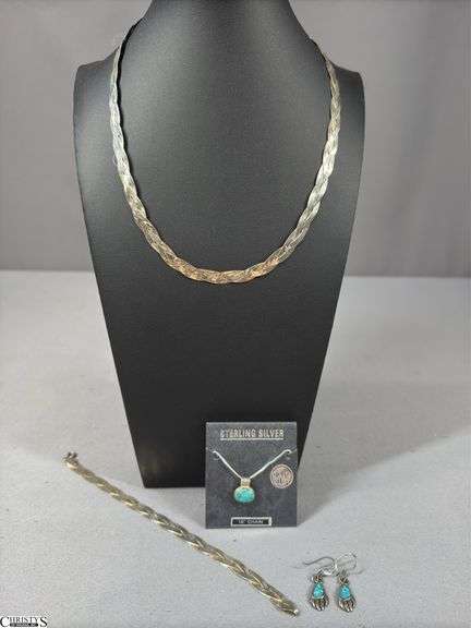 Sterling Chain Necklace with Matching Bracelet and a Sterling Necklace with a Turquoise Looking Stone and  Earrings image