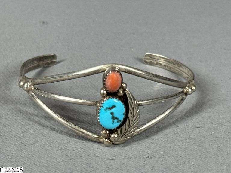 Melvin Thompson Navajo Sterling Silver Turquoise and Red Coral Cuff Bracelet image