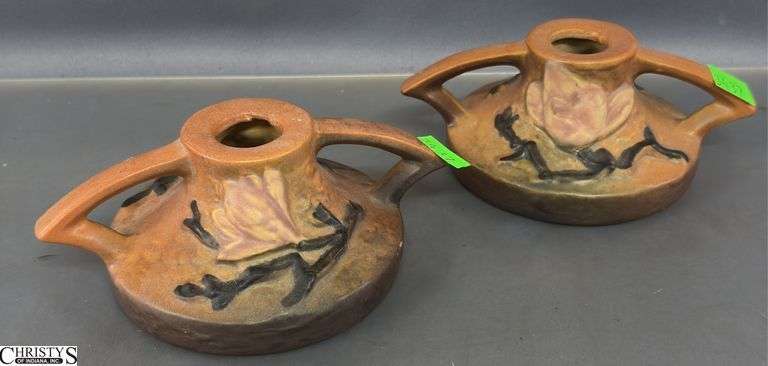 Pair of Roseville Magnolia Candleholders 6" Wide 2.25" Tall image
