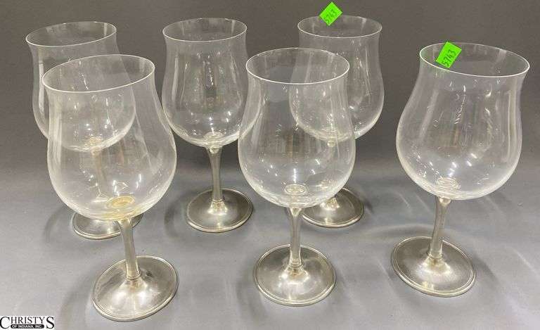 6 Pewter Stemmed Wine Glasses 9.25" Tall image