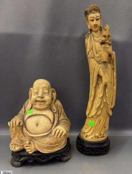 2 Chinese Decorative Carved Figurines - 18" of tallest image