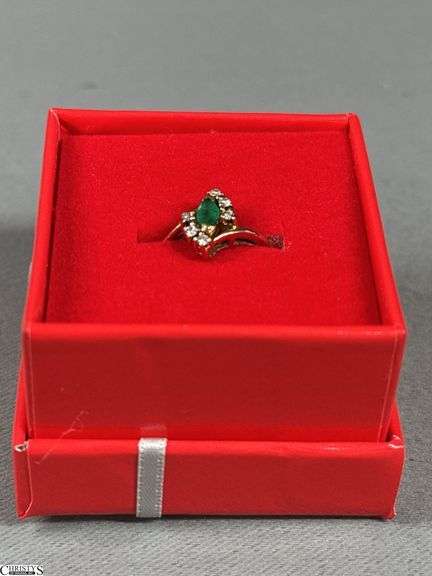14K Yellow Gold Emerald and Diamond Ring Size 6 in Red Gift Box image