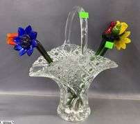 Glass Flower Stems, Etched Vase and Basket Tallest 19"
