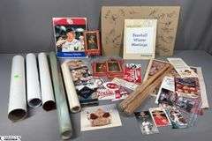 Cincinnati Reds and Other Baseball Memorabilia.  Includes a Signed Mickey Mantle 8x10 Picture,  2 Miniature Bats Pittsburg Pirates vs. Cincinnati Reds Saturday, April 2, 2016 at Victory Field, Cincinnati Hall of Fame Postcards, Reds Report Magazine January 2016, This is Reds Country Sticker, 3 Trading Cards (Barry Bonds, Tracy Jones, Doug Flynn, 4 Roger Maris Postcards, Baseball Winter Meetings Indianapolis Autographs Dated Dec. 9-12, 2009, and 2 Posters