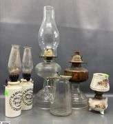 Oil Lamps, and Syrup Pitcher, Tallest 17.5"