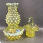 Imperial Hobnail Uranium Hurricane Lamp Vase, and Daisy and Button Vaseline Basket, Vase 7.5"