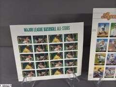 Collectible Stamps.  Includes Major League Baseball All-Stars, Negro Leagues Baseball, Indianapolis 500 Legends of Baseball, Sunday Funnies, Baseballs Legendary Playing Field, Knute Rockne 22 Cent Stamp, Lou Gehrig Cent Stamp and a Few Others