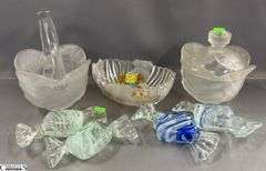 Art Glass Candies, Viking Clear and Frosted Lidded Jar and Basket, Bowl