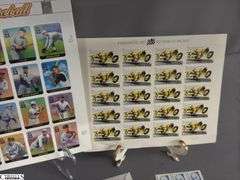 Collectible Stamps.  Includes Major League Baseball All-Stars, Negro Leagues Baseball, Indianapolis 500 Legends of Baseball, Sunday Funnies, Baseballs Legendary Playing Field, Knute Rockne 22 Cent Stamp, Lou Gehrig Cent Stamp and a Few Others