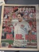Cincinnati Reds and Other Baseball Memorabilia.  Includes a Signed Mickey Mantle 8x10 Picture,  2 Miniature Bats Pittsburg Pirates vs. Cincinnati Reds Saturday, April 2, 2016 at Victory Field, Cincinnati Hall of Fame Postcards, Reds Report Magazine January 2016, This is Reds Country Sticker, 3 Trading Cards (Barry Bonds, Tracy Jones, Doug Flynn, 4 Roger Maris Postcards, Baseball Winter Meetings Indianapolis Autographs Dated Dec. 9-12, 2009, and 2 Posters