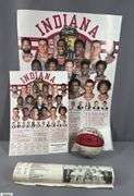 Miniature IU Basketball Autographed and 2016-2017 IU Posters. Autographs include George McGinnin, Steve Alford, Jim Crews, Damon Bailey and Others.  The large poster has a ripe.  See Photo