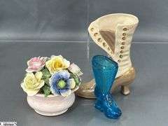 Stained Glass Religious, Lighthouse, Green Bohemian Decanter, Owl, Blue Mini Boot Vase, Trinkets