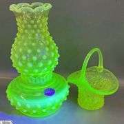 Imperial Hobnail Uranium Hurricane Lamp Vase, and Daisy and Button Vaseline Basket, Vase 7.5"