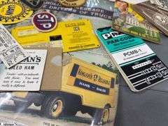 Mixed Lot of Memorabilia to Include a 1949 National Basketball Assn. Indianapolis Olympians, Inc. Butler Fieldhouse Ticket,  a Kingan's Packing Houses, Indpls., IN Boiled Ham Blotter, Motor Data Calclator, Moon Pie and 50th Anniversary of Nascar Sticker, Welcome to Truck & Bus Indpls. Manufacturing Brochures, Louis Marx & Co. American Presidents in Miniature Brochure, an Indianapolis Pacers SEALED Envelope Dated Nov. 20, '67, An Areal Photo of Indianapolis and a Metal Tin Jack Daniels with 2 Shot Glasses