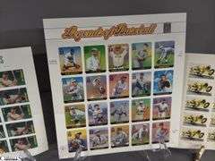 Collectible Stamps.  Includes Major League Baseball All-Stars, Negro Leagues Baseball, Indianapolis 500 Legends of Baseball, Sunday Funnies, Baseballs Legendary Playing Field, Knute Rockne 22 Cent Stamp, Lou Gehrig Cent Stamp and a Few Others