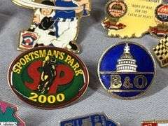 Miscellaneous Pins to Include Indy 500, Brickyard 400, 2 Vintage FMC Pins (Food Machine Co.), NCAA Basketball, Little League Baseball, Sportsman's Park 2000, Mello Yello Grand Prix, Indiana Amvets and Others