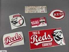 Cincinnati Reds and Other Baseball Memorabilia.  Includes a Signed Mickey Mantle 8x10 Picture,  2 Miniature Bats Pittsburg Pirates vs. Cincinnati Reds Saturday, April 2, 2016 at Victory Field, Cincinnati Hall of Fame Postcards, Reds Report Magazine January 2016, This is Reds Country Sticker, 3 Trading Cards (Barry Bonds, Tracy Jones, Doug Flynn, 4 Roger Maris Postcards, Baseball Winter Meetings Indianapolis Autographs Dated Dec. 9-12, 2009, and 2 Posters