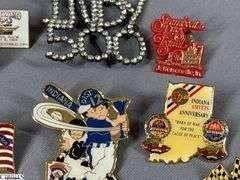 Miscellaneous Pins to Include Indy 500, Brickyard 400, 2 Vintage FMC Pins (Food Machine Co.), NCAA Basketball, Little League Baseball, Sportsman's Park 2000, Mello Yello Grand Prix, Indiana Amvets and Others