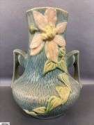 Roseville Double Handle Blue Clematis Vase 7.25"