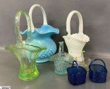 Green UV Reactive Depression Basket, Milk Glass, Blue and Tallest 10"