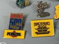 Miscellaneous Pins to Include Indy 500, Brickyard 400, 2 Vintage FMC Pins (Food Machine Co.), NCAA Basketball, Little League Baseball, Sportsman's Park 2000, Mello Yello Grand Prix, Indiana Amvets and Others