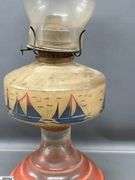 3 Oil Lamps, Painted and Metal Bases, Tallest 24"